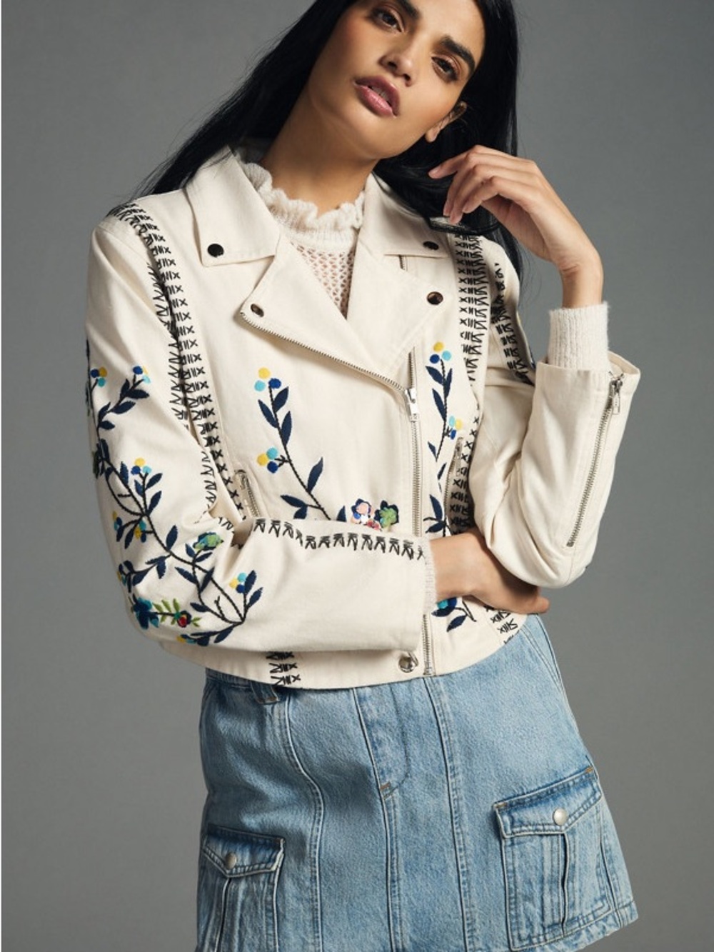 Anthropologie Cream Embroidered Biker Jacket
